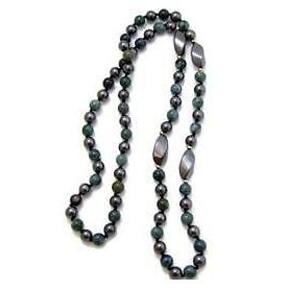 Estate Polished Green Gemstone Moss Agate & Hematite Bead Endless‎ Necklace